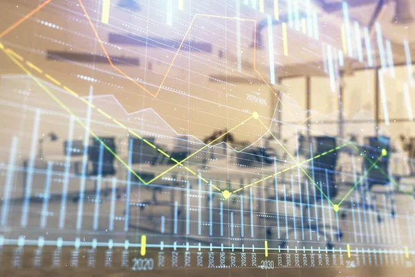 Stock and bond market graph with trading desk bank office interior on background. Multi exposure. Concept of financial analysis