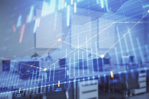 Stock market chart with trading desk bank office interior on background. Double exposure. Concept of financial analysis