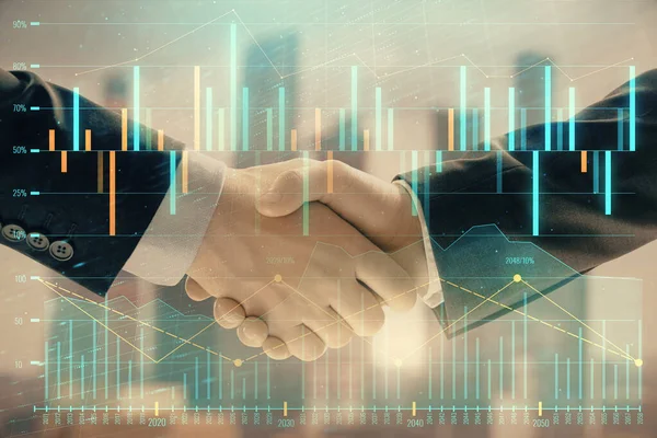 Dubbele blootstelling van financiële grafiek op Cityscape achtergrond met twee zakenman handshake. Concept beurs deal — Stockfoto