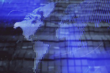 Dünya hologramı ve soyut arka plan. Çifte maruziyet. Uluslararası iş kavramı.