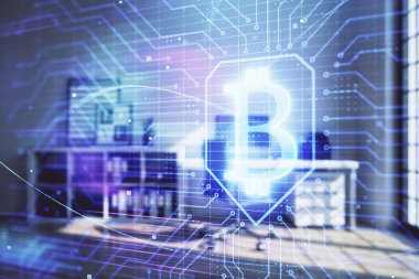 Minimalist kabine arka plan ile Bitcoin işareti hologram. Çift pozlama. Cryptocurrency kavramı.