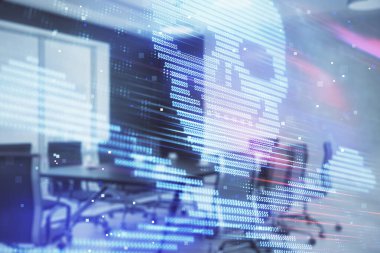 Konferans odası arka planda hack tema hologram çift pozlama. Siber korsanlık kavramı