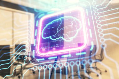 Konferans odasının arka planında beyin çizim hologramının çift ekimaruz ilerlisi. Veri analizi kavramı