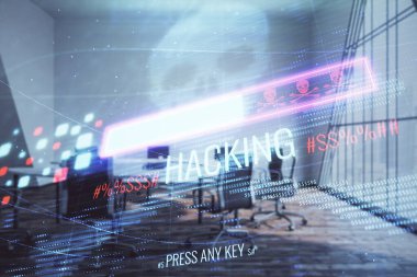 Konferans odası arka planda hack tema hologram çift pozlama. Siber korsanlık kavramı
