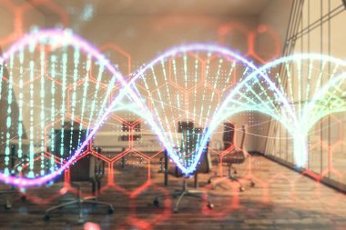 Konferans odasında arka planda DNA hologramının çift pozlama. Eğitim konsepti