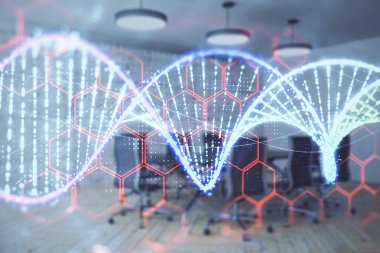 Konferans odasında arka planda DNA hologramının çift pozlama. Eğitim konsepti