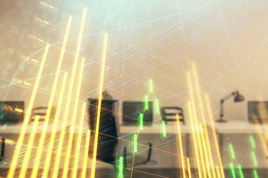 Arka planda ticaret masası banka Ofisi İç ile stok ve tahvil piyasa grafiği. Çok pozlama. Finansal analiz konsepti