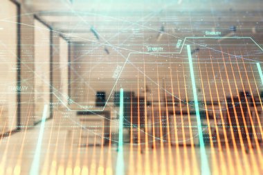 Arka planda ticaret masası banka Ofisi İç ile stok ve tahvil piyasa grafiği. Çok pozlama. Finansal analiz konsepti