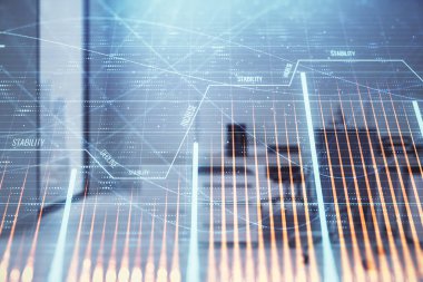 Ticaret masası banka ofisi iç arka planda stok piyasa şeması. Çift pozlama. Finansal analiz konsepti