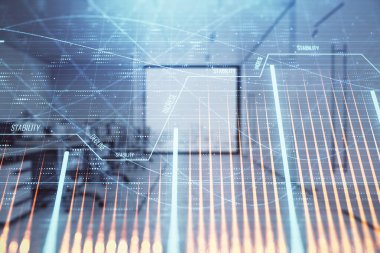 Ticaret masası banka ofisi iç arka planda stok piyasa şeması. Çift pozlama. Finansal analiz konsepti