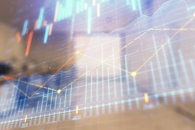 Ticaret masası banka ofisi iç arka planda stok piyasa şeması. Çift pozlama. Finansal analiz konsepti