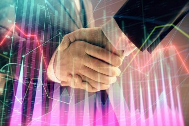 İki işadamı el sıkışması ile soyut arka planda Forex grafik Multi pozlama. Hisse senedi piyasasında başarı kavramı