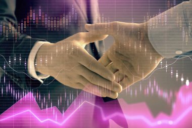 İki işadamı el sıkışması ile soyut arka planda Forex grafik Multi pozlama. Hisse senedi piyasasında başarı kavramı