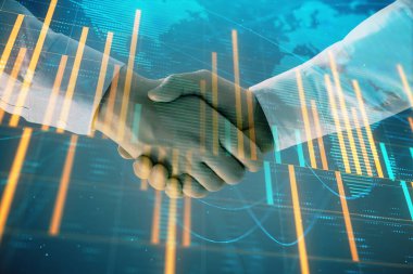 İki işadamı el sıkışması ile soyut arka plan üzerinde Forex grafik ve Dünya Haritası Multi pozlama. Uluslararası pazarlarda başarı konsepti
