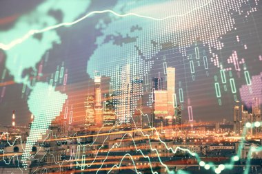 Finansal grafiğe ve şehir arka planındaki dünya haritasına iki kez maruz kalmış. Finansal piyasa araştırma ve analizi kavramı