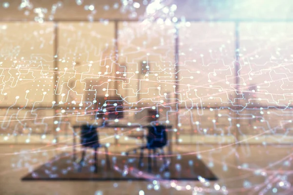 Techniczny motyw abstrakcyjny hologram i minimalistyczne tło wnętrza szafy. Podwójna ekspozycja. Koncepcja zaawansowanej technologii. — Zdjęcie stockowe