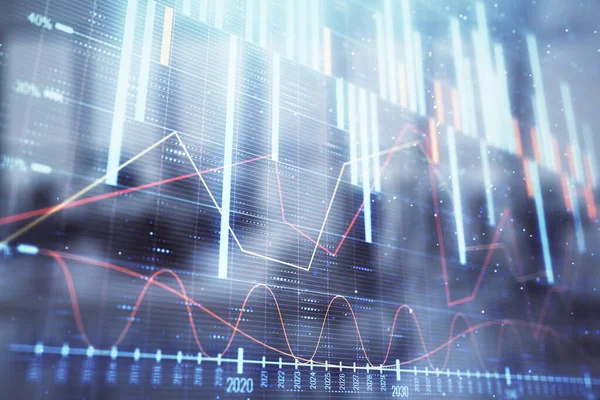 Stock och Bond Market Graph med Trading Desk bankkontor interiör på bakgrunden. Multiexponering. Begreppet finansiell analys — Stockfoto