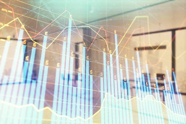 Stock och Bond Market Graph med Trading Desk bankkontor interiör på bakgrunden. Multiexponering. Begreppet finansiell analys — Stockfoto