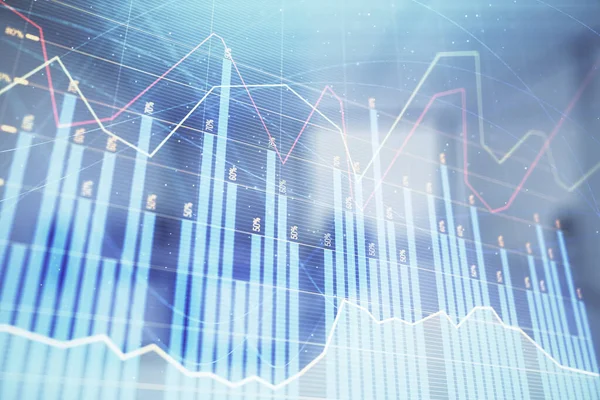 Börsdiagram med Trading Desk bankkontor interiör på bakgrunden. Dubbel exponering. Begreppet finansiell analys — Stockfoto