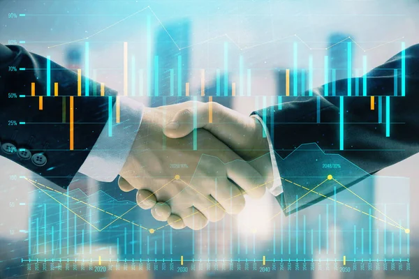 Double exposure of financial graph on cityscape background with two businessman handshake. Concept of stock market deal — Stock Photo, Image