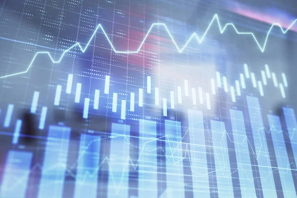 Gráfico do mercado de ações com mesa de negociação escritório do banco interior em segundo plano. Dupla exposição. Conceito de análise financeira Imagem De Stock