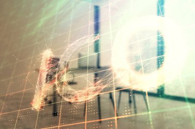 Minimalist kabine arka plan ile Bitcoin işareti hologram. Çift pozlama. Cryptocurrency kavramı.