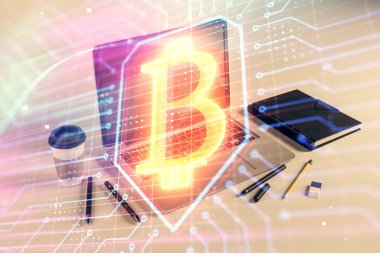 Masaüstü ofis arka plan ile Blockchain tema hologram. Çifte pozlama. Kripto iş konsepti.
