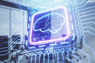 Konferans odasının arka planında beyin çizim hologramının çift ekimaruz ilerlisi. Veri analizi kavramı