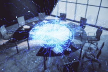 Konferans odasının arka planında beyin çizim hologramının çift ekimaruz ilerlisi. Veri analizi kavramı