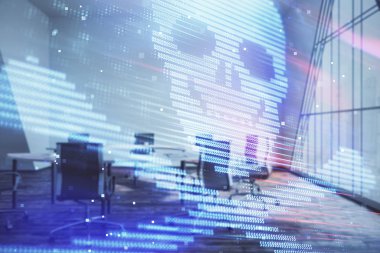 Konferans odası arka planda hack tema hologram çift pozlama. Siber korsanlık kavramı