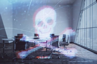 Konferans odası arka planda hack tema hologram çift pozlama. Siber korsanlık kavramı