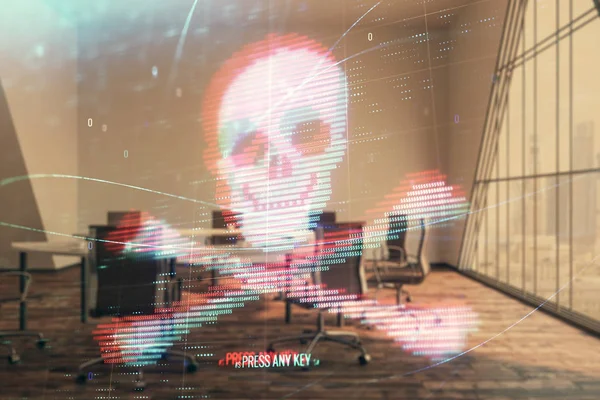 Dubbele blootstelling van hacking thema hologram op achtergrond conferentieruimte. Concept van Cyber piraterij — Stockfoto
