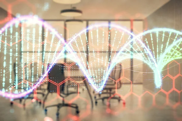 Doble exposición del holograma de ADN en el fondo de la sala de conferencias. Concepto de educación —  Fotos de Stock