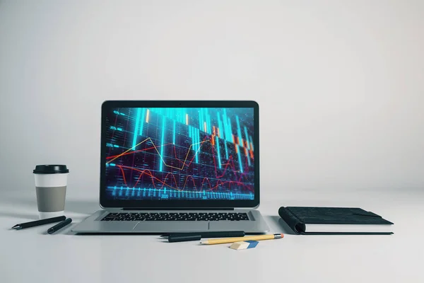 Primer plano del ordenador portátil con gráfico de divisas en la pantalla del ordenador. Concepto de comercio financiero y educación. renderizado 3d . — Foto de Stock