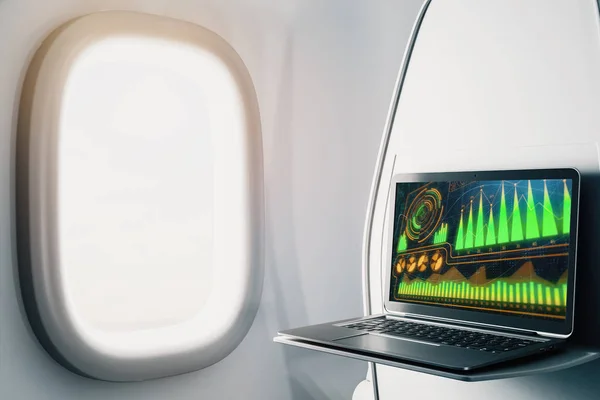 画面上のビジネステーマの写真と飛行機の中でラップトップクローズアップ。オンエアオンラインビジネスコンセプト。3D レンダリング. — ストック写真