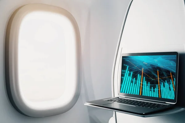 画面上の外国為替グラフと飛行機の中でラップトップクローズアップ。金融市場取引の概念。3D レンダリング. — ストック写真
