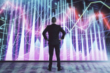 İşadamı ve forex grafik hologramı. Çifte pozlama. Finansal eğitim ve analiz kavramı