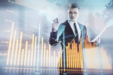 İşadamı ve forex grafiği ve dünya haritası hologramı. Çifte pozlama. Finansal eğitim ve analiz kavramı