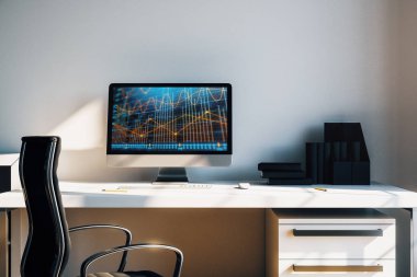 Bilgisayar ekranında finansal grafikler ve grafikler ile kabine masaüstü iç. Hisse senedi piyasası analizi ve ticaret kavramı. 3B işleme.