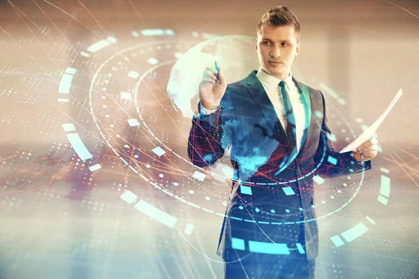 Businessman and world map hologram. Double exposure. Concept of international finance