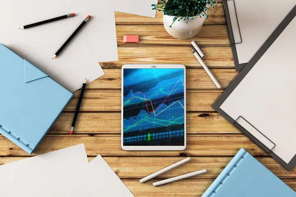 Dijital tablet ekranda mali grafik ile üst görünüm çekim. Online işlem uygulama konsepti. 3B işleme.
