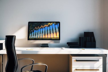 Bilgisayar ekranında finansal grafikler ve grafikler ile kabine masaüstü iç. Hisse senedi piyasası analizi ve ticaret kavramı. 3B işleme.