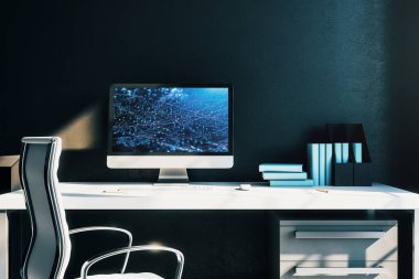 Bilgisayar ekranında teknoloji teması çizim ile Kabine masaüstü iç. Hightech kavramı. 3d render.