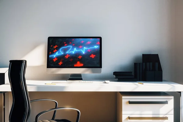 Интерьер рабочего стола с рисунком человеческого сердца на экране компьютера, столе и стуле. Концепция медицинского образования. 3d-рендеринг . — стоковое фото