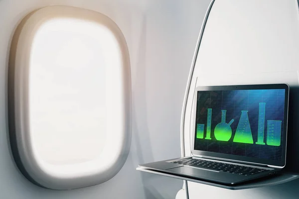 Laptop closeup inside airplane with laboratory flasks on screen. Online education concept. 3d rendering. — ストック写真