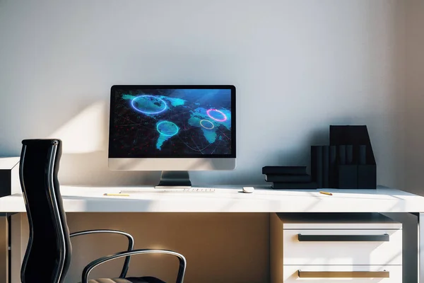 Gabinete interior de escritorio con mapa del mundo en la pantalla del ordenador. Concepto de mercado y comercio internacional. renderizado 3d . —  Fotos de Stock