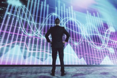 İşadamı ve forex grafik hologramı. Çifte pozlama. Finansal eğitim ve analiz kavramı
