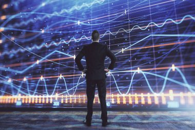 İşadamı ve forex grafik hologramı. Çifte pozlama. Finansal eğitim ve analiz kavramı