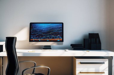 Bilgisayar ekranında finansal grafikler ve grafikler ile kabine masaüstü iç. Hisse senedi piyasası analizi ve ticaret kavramı. 3B işleme.
