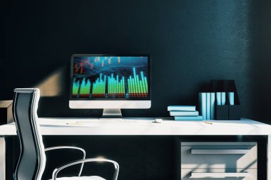 Bilgisayar ekranında finansal grafikler ve grafikler ile kabine masaüstü iç. Hisse senedi piyasası analizi ve ticaret kavramı. 3B işleme.